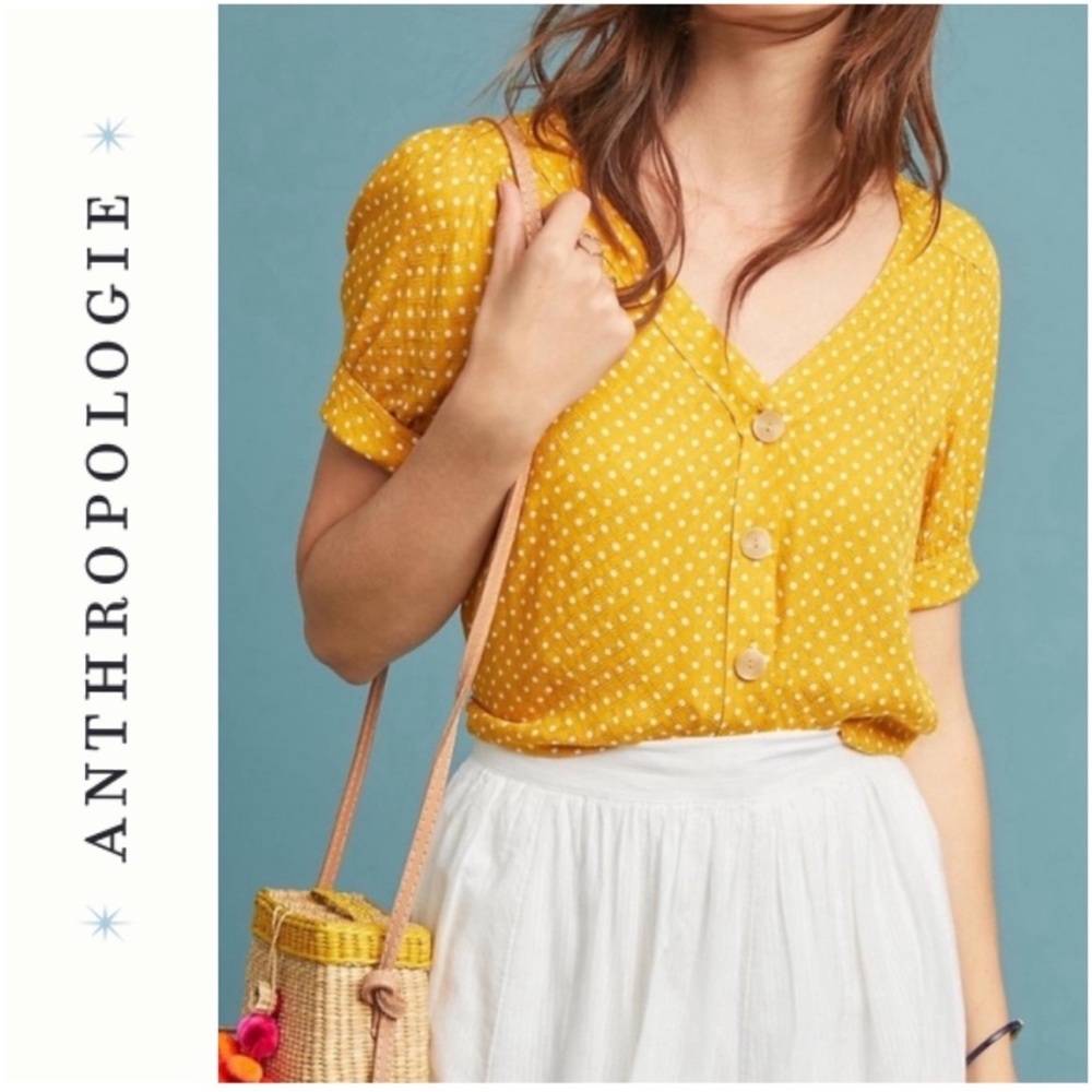 Maeve Yellow Polka Dot V-Neck Button Front Blouse